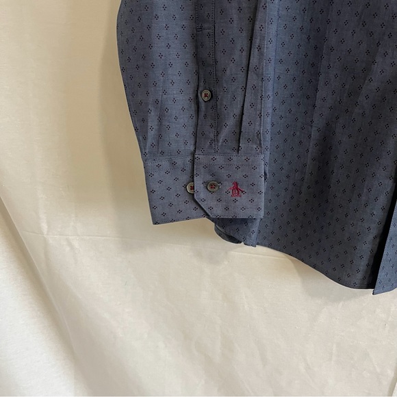 Original Penguin NWT Heritage Slim Fit Long Sleeve Blue Print Size 17 1/2 Shirt - Picture 4 of 9